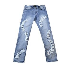 Forever 21 Men's Denim Jeans "Blessed" Spell Out  Patches Stone Wash 32" X 31.5"